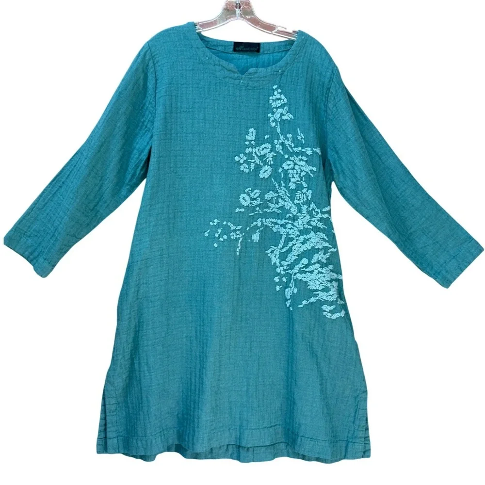 Peacock Ways 100% Linen Gauze Embroidered Tunic Dress Teal‎  Lagenlook Boho L